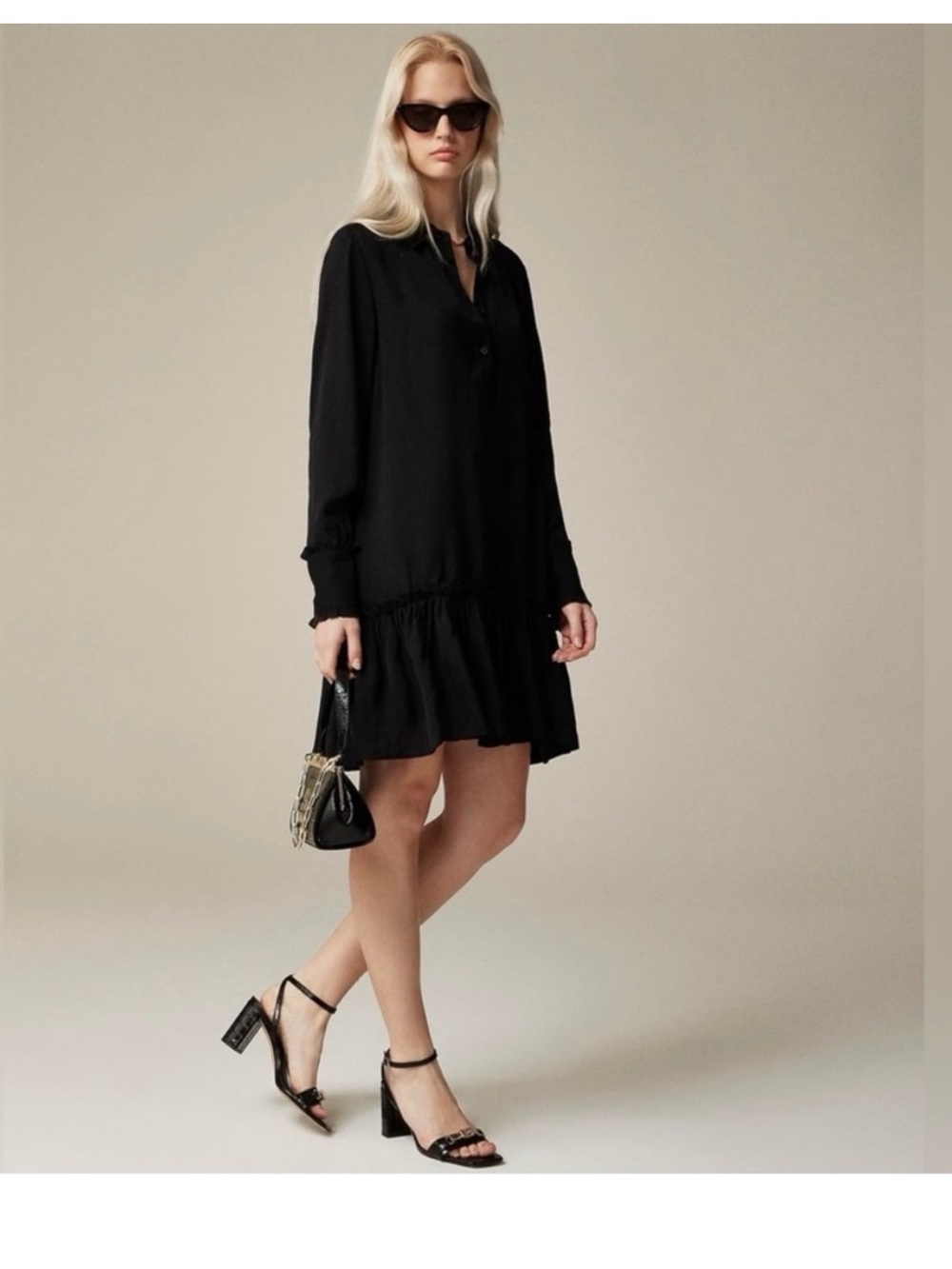 J. Crew sz Medium Amelia Popover Black Ruffle-Hem Dress viscose flowy long slve